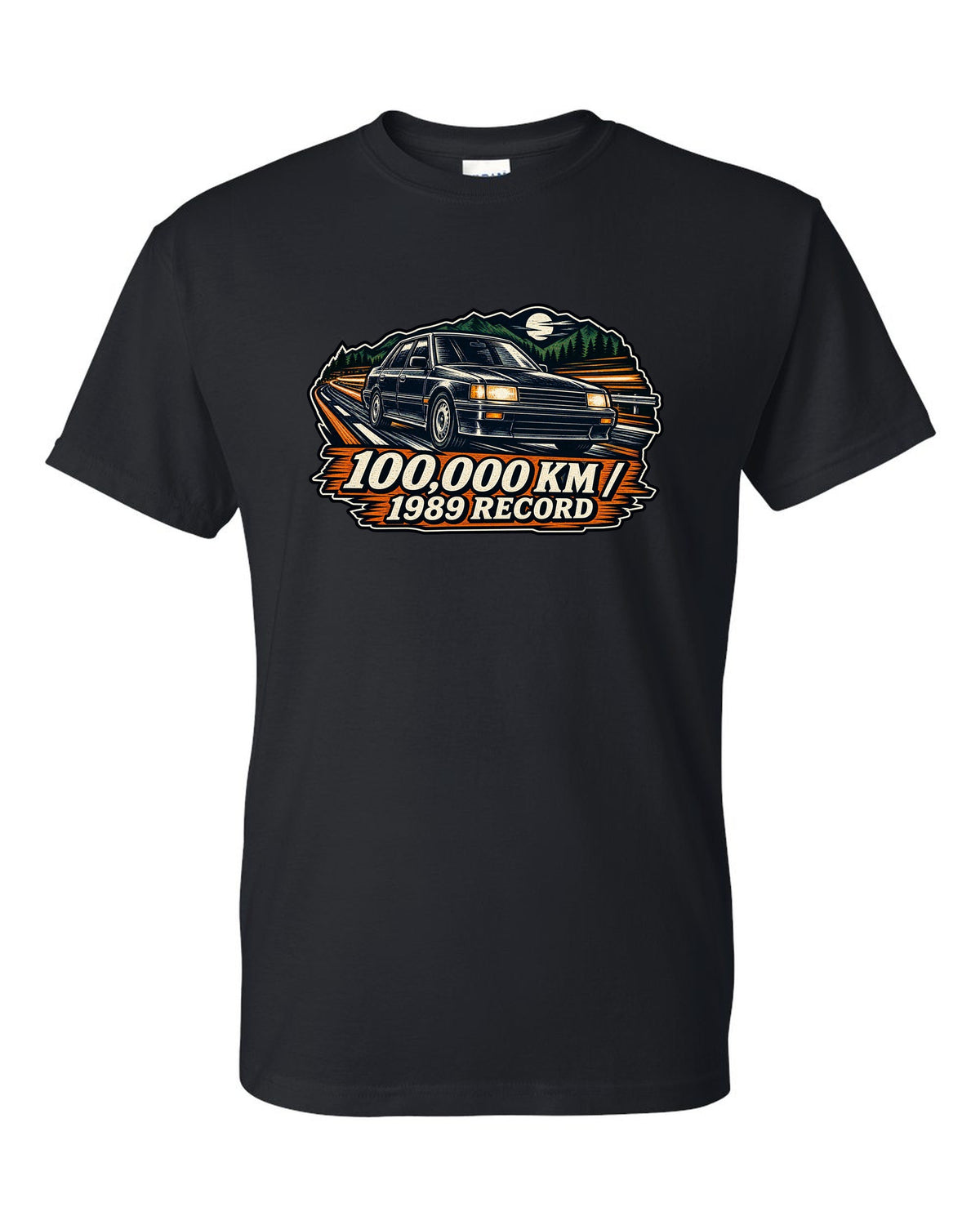 Linocut woodcut style illustration of a Subaru Legacy BC5 RS with 100,000 km 1989 record text black t-shirt front view with the design