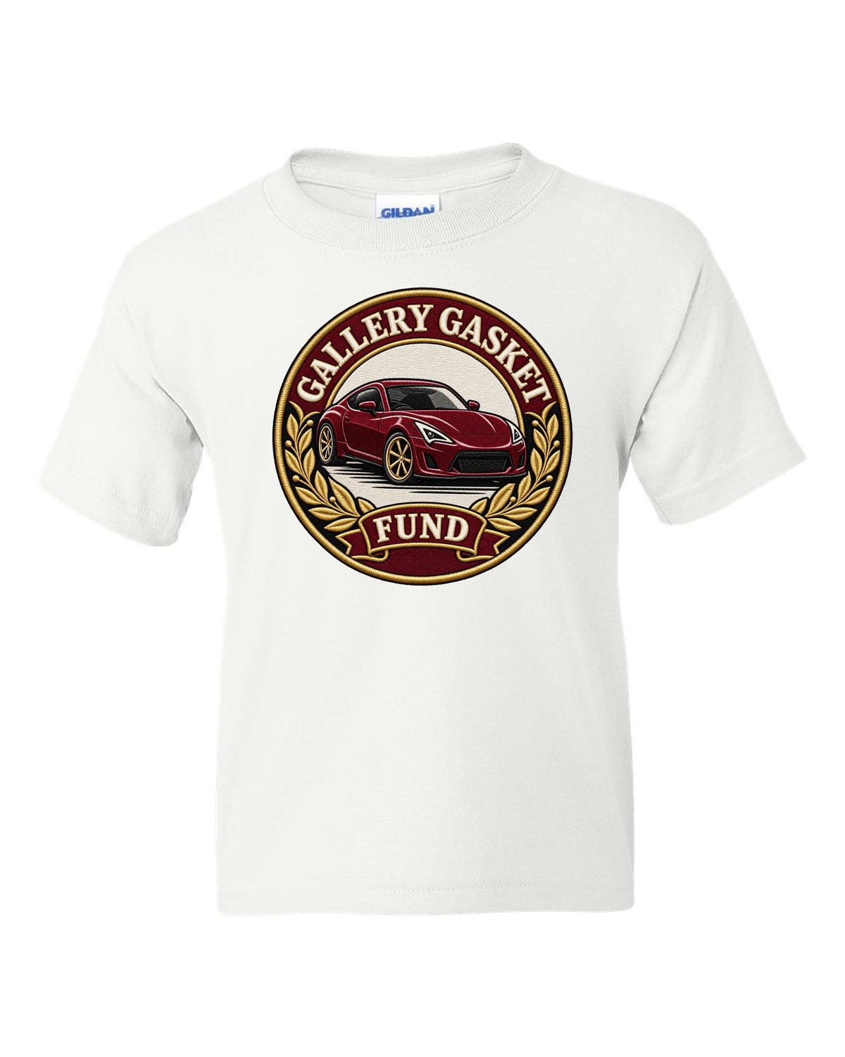 Round crest print for a Nissan 350Z Z33 with gallery gasket fund text white kids tee front view with the design