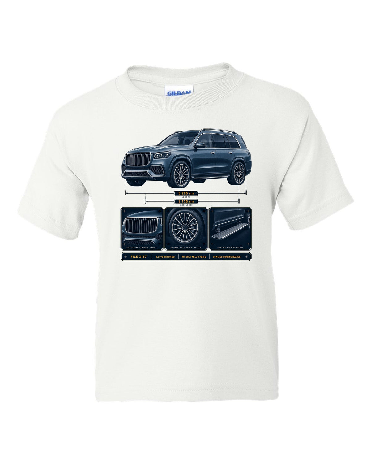 print dossier panels of a Mercedes-Maybach GLS 600 X167 in blue-grey white kids tee front view with the design