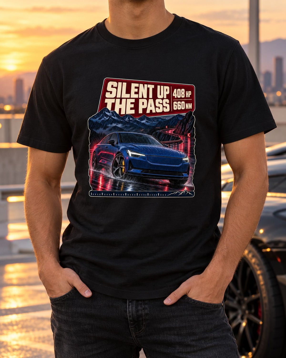 Polestar 2 Launch Edition Mountain Run Night Street Tee T-Shirt Black worn hero