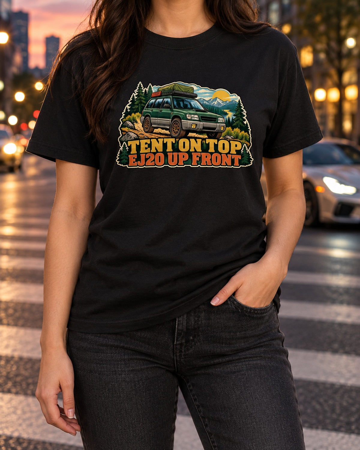 Subaru Forester SF5 Roof Tent National Park Poster Shirt T-Shirt Black worn hero