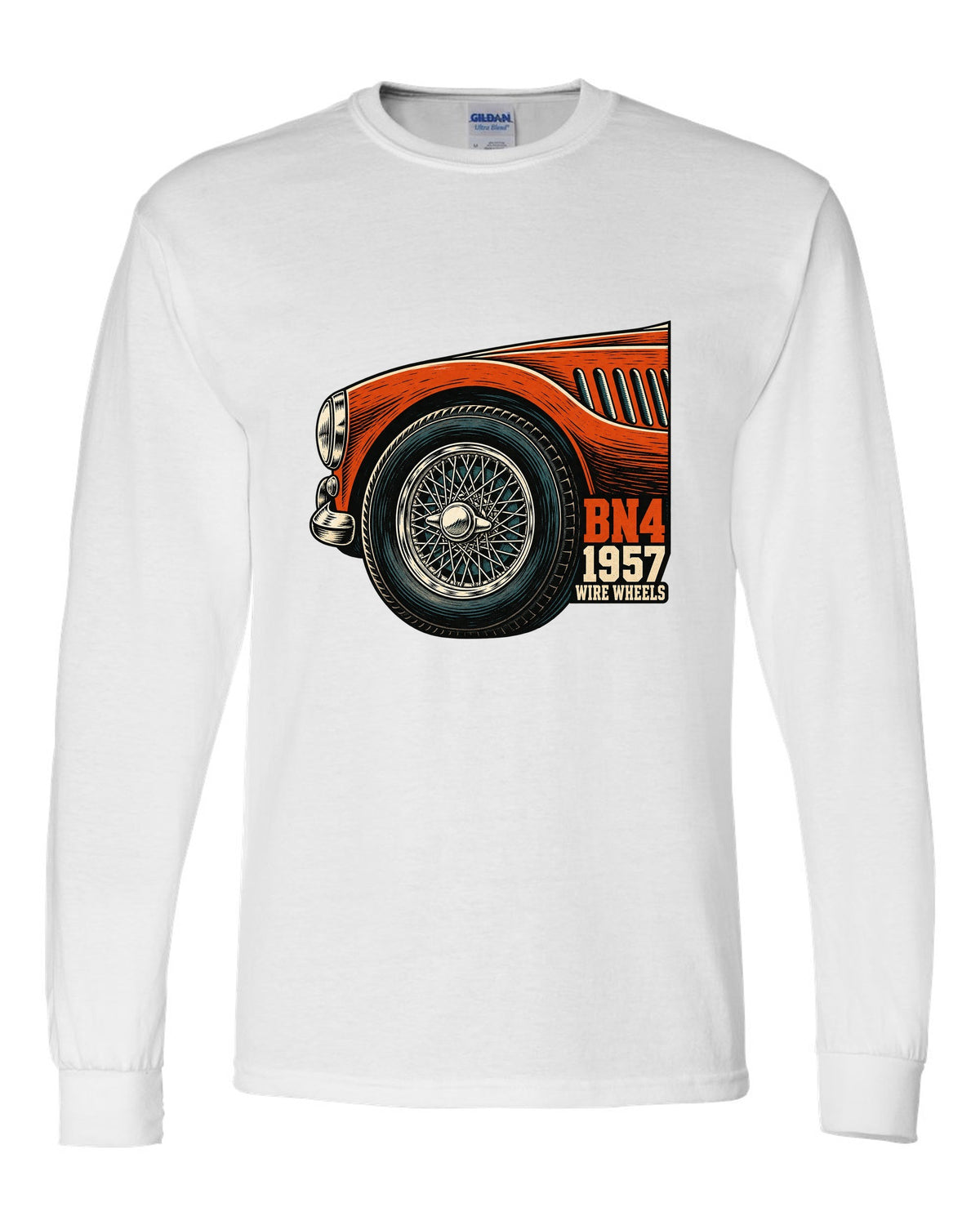 Linocut close-up of a wire wheel on a 1957 Austin-Healey 100-Six BN4 white long sleeve front view with the design