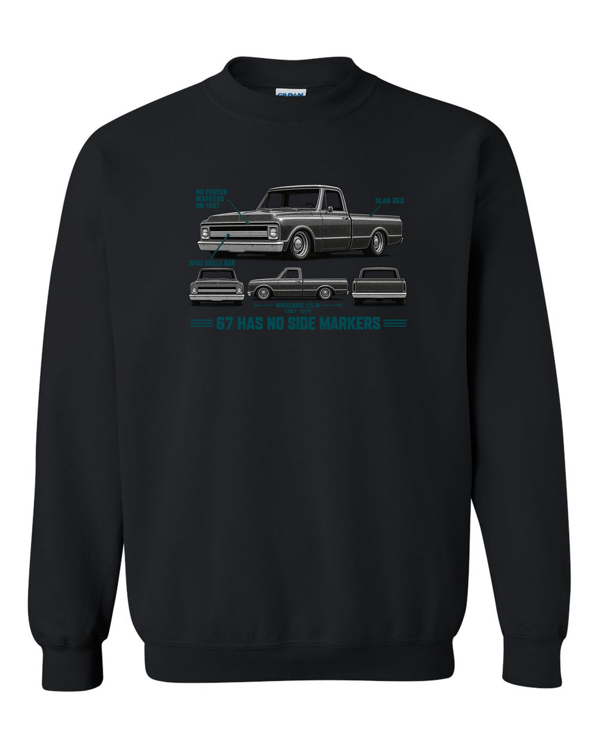 Chevrolet C10 Fleetside 1967-72 Spec Strip black crewneck front view with the design