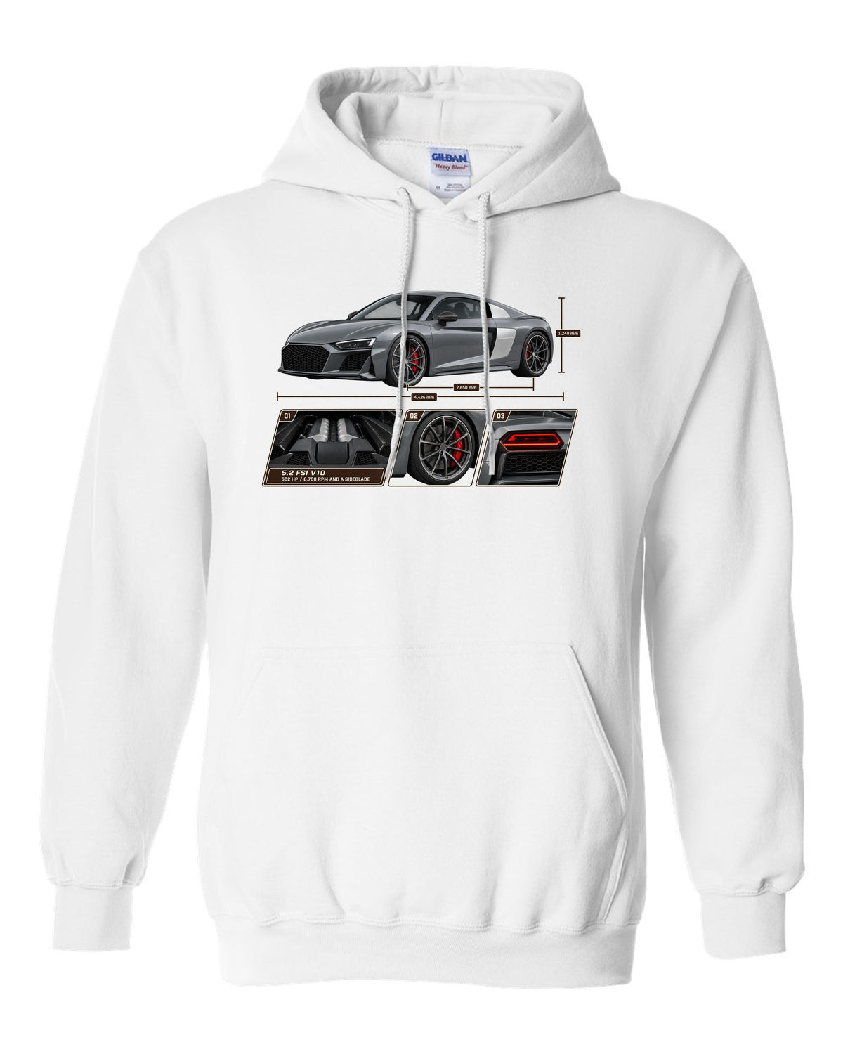 Dossier panel print of a Nardo grey Audi R8 V10 Performance white pull over hoodie front view with the design