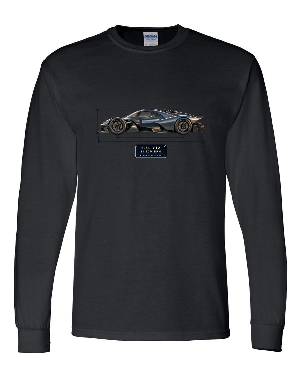 Aston Martin Valkyrie 2021 blueprint print with 6.5L V12 and 11,100 rpm lettering black long sleeve front view with the design
