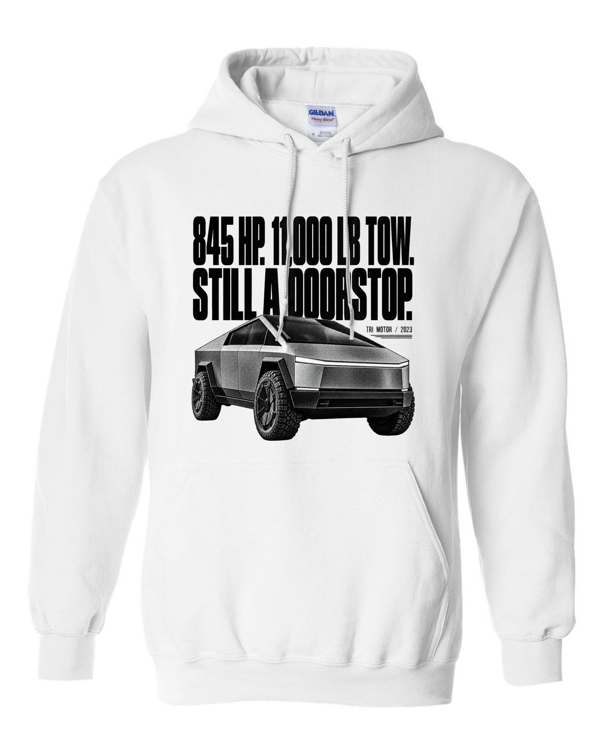 Halftone Tesla Cybertruck Cyberbeast front three-quarter with 845 HP and 11,000 lb tow text white pull over hoodie front view with the design