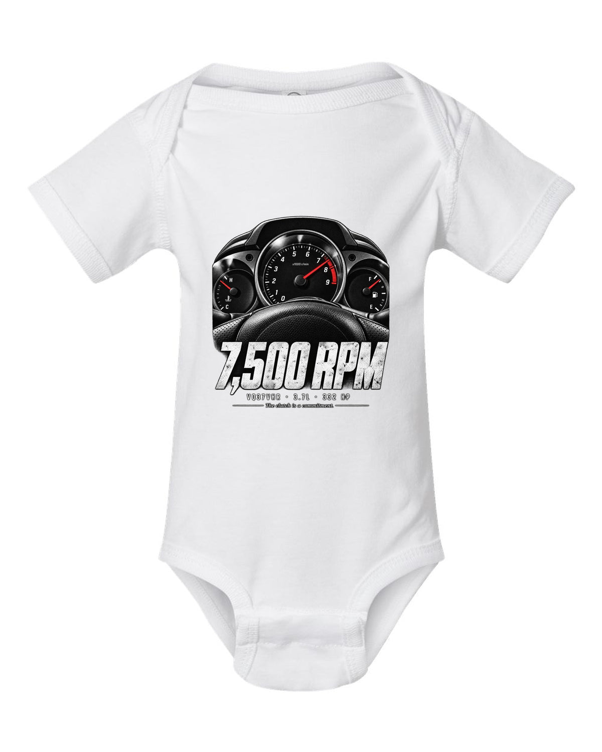 print of a Nissan 370Z Z34 gauge cluster at 7,500 RPM with VQ37VHR text white baby onesie front view with the design