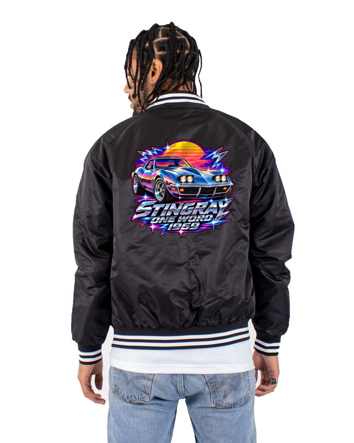 1969 Corvette C3 Stingray Chrome Airbrush Shirt, One Word Bomber Jacket Black back