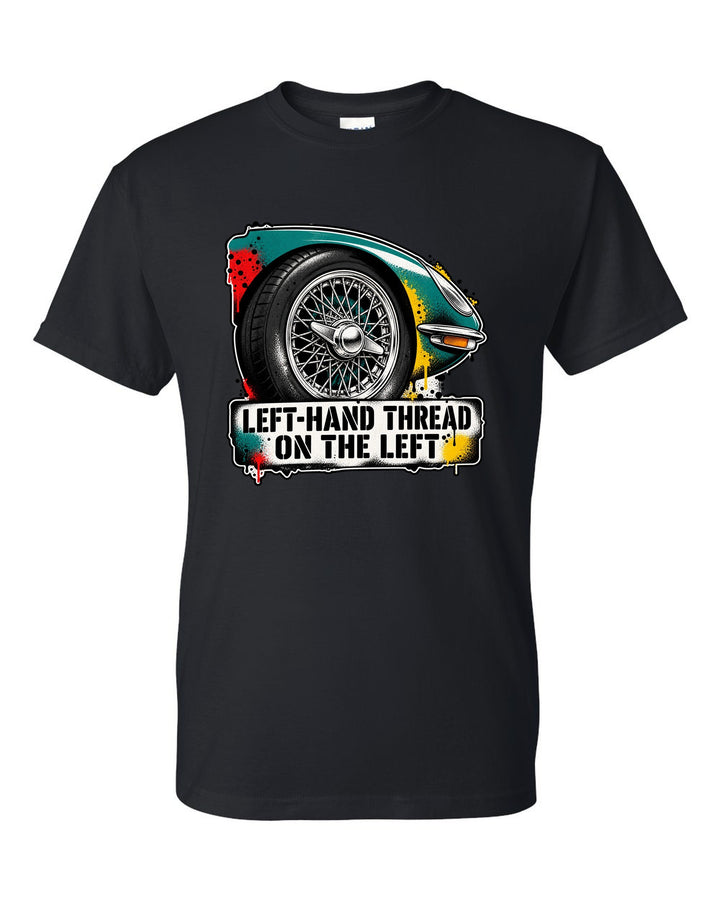 Jaguar E-Type Series 1 stencil spray with LEFT-HAND THREAD ON THE LEFT lettering black t-shirt front view with the design