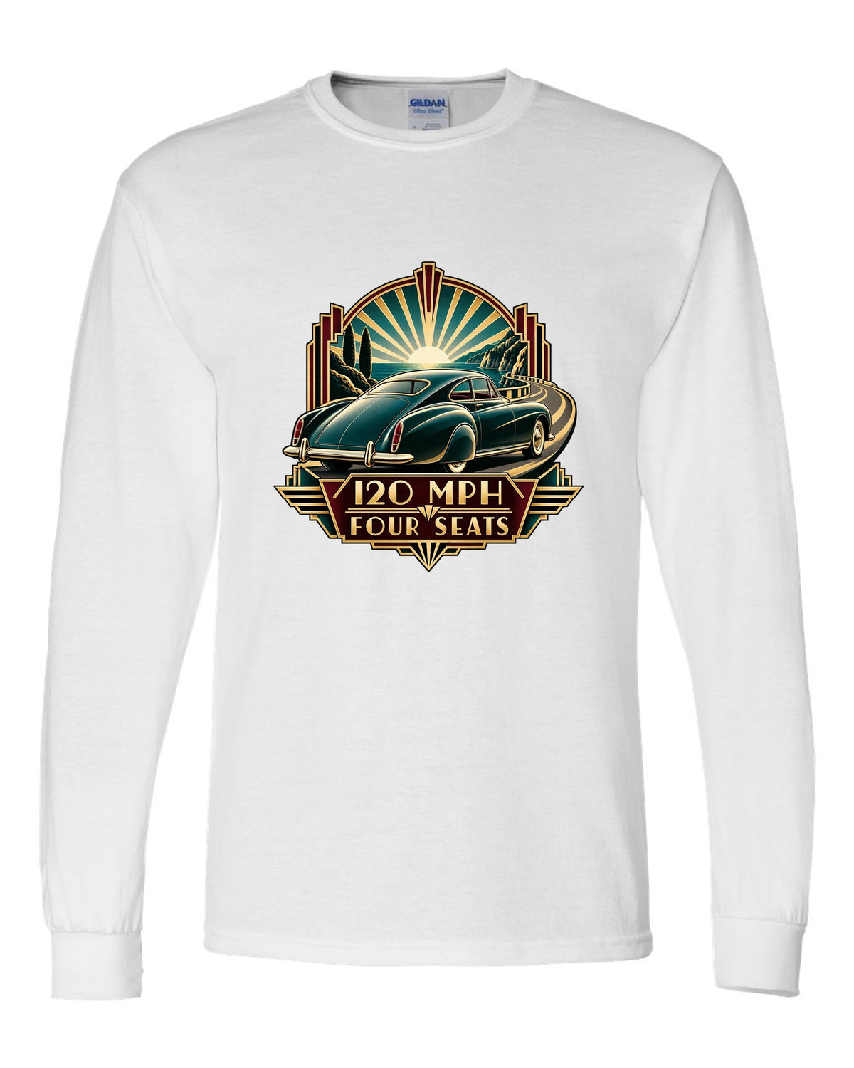 Synthwave outrun print of a 1982 Bentley Mulsanne Turbo with 120 mph and four seats lettering white long sleeve front view with the design
