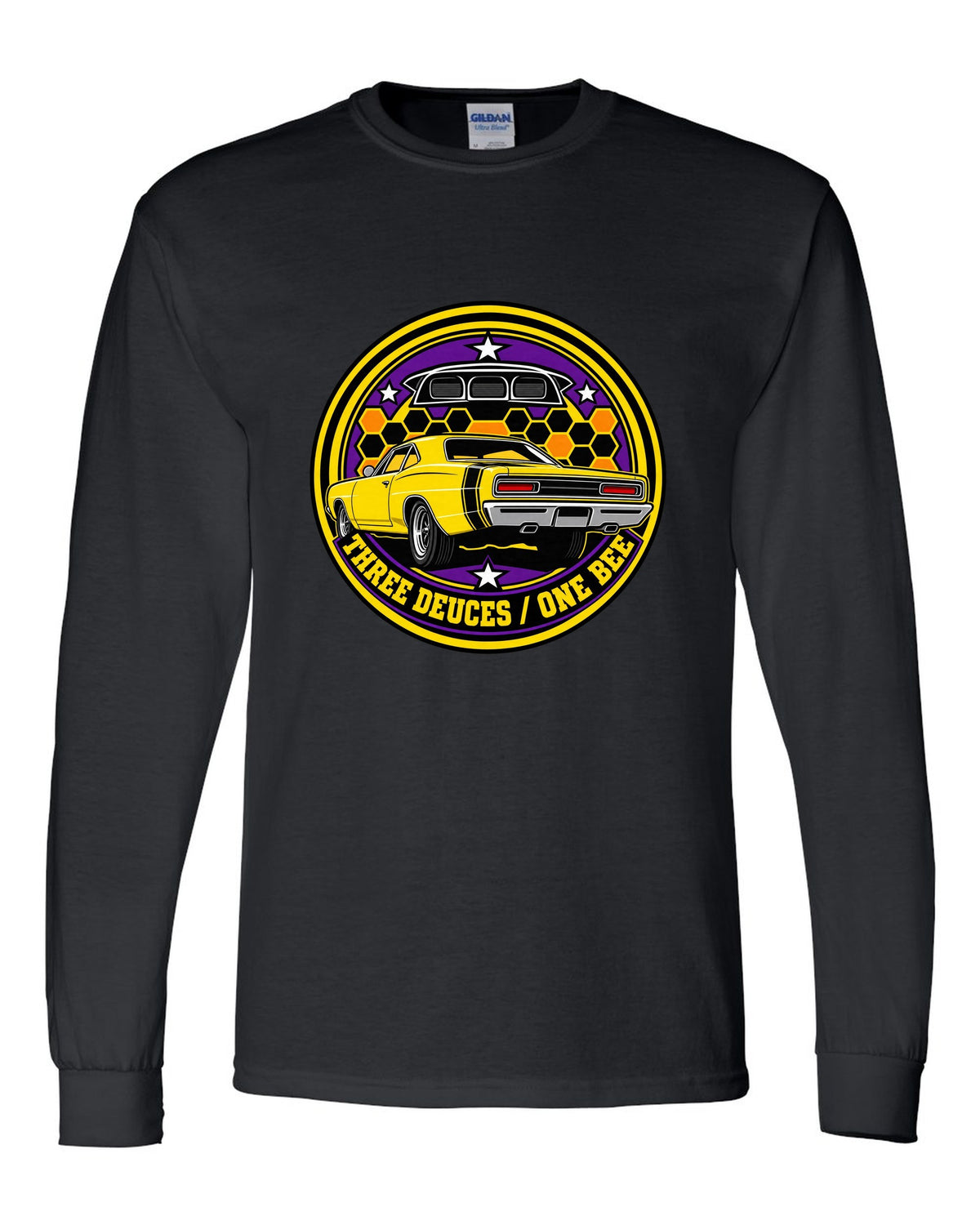 Round crest design for the 1969 Dodge Coronet Super Bee reading three deuces one bee black long sleeve front view with the design