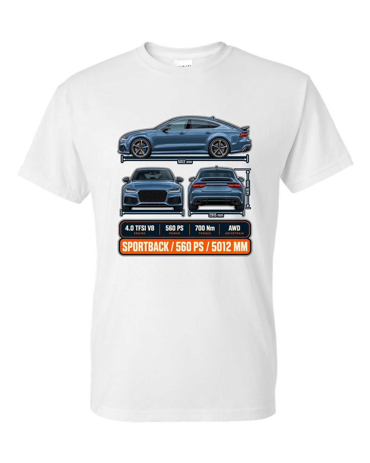 Audi RS7 Sportback C7 three-view drawing in graphite-blue print with 560 PS white t-shirt front view with the design