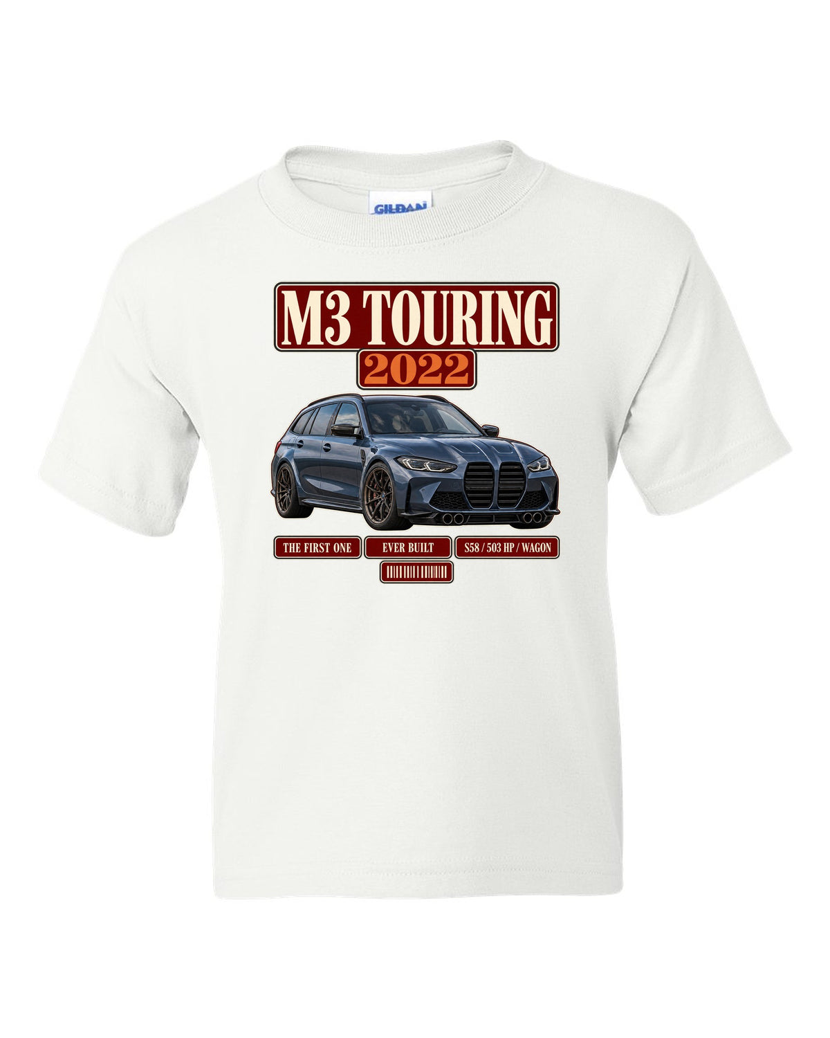 BMW M3 Touring G81 archive panel print with first ever built text white kids tee front view with the design