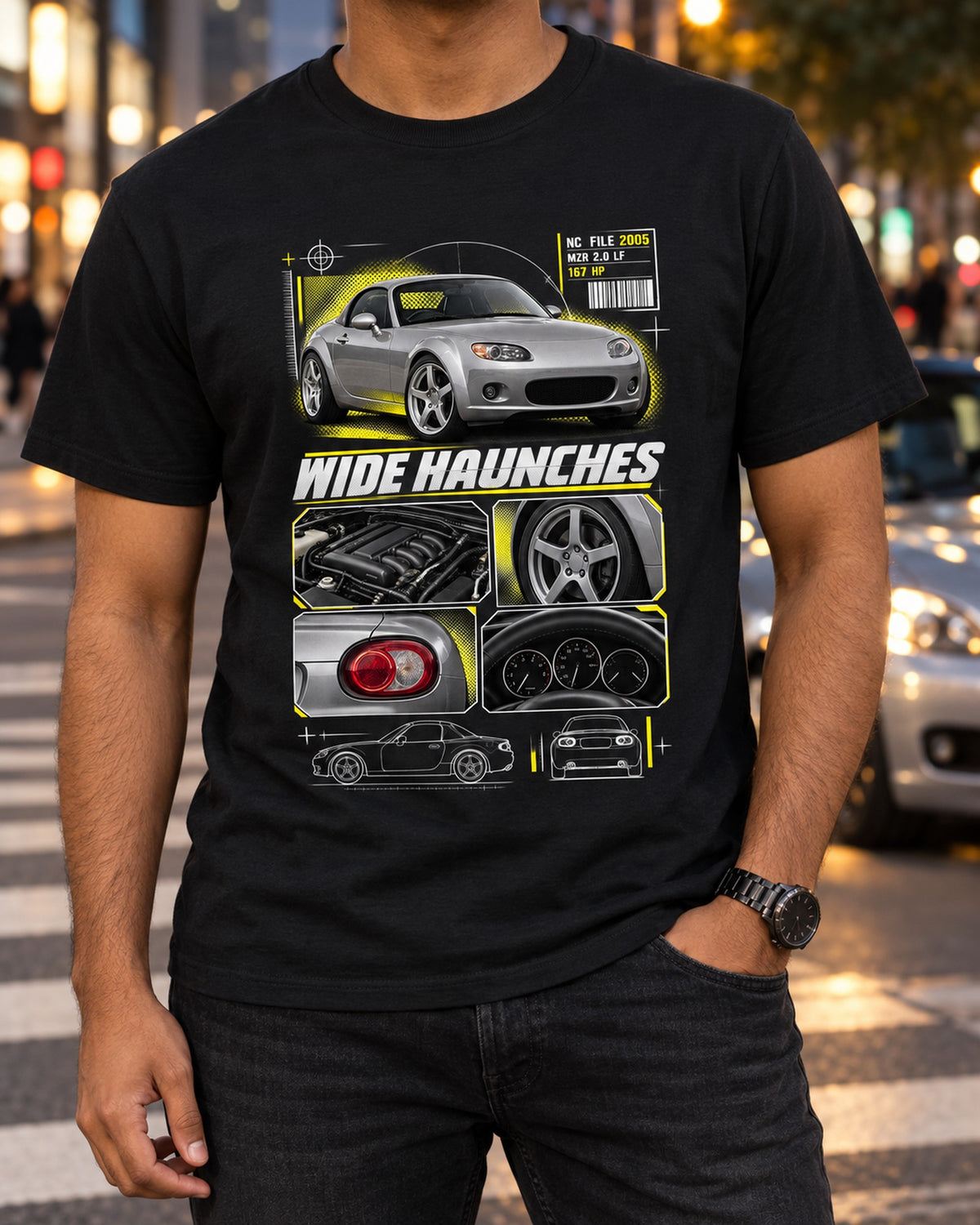 Mazda MX-5 NC PRHT Dossier Panels Shirt, 2005 to 2015 T-Shirt Black worn hero