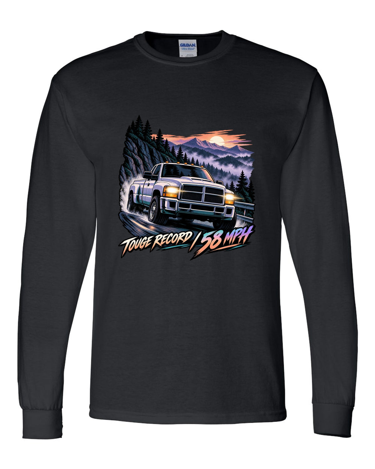 Cel-shaded anime night touge print of a 1994-1998 Dodge Ram 2500 12V Cummins black long sleeve front view with the design