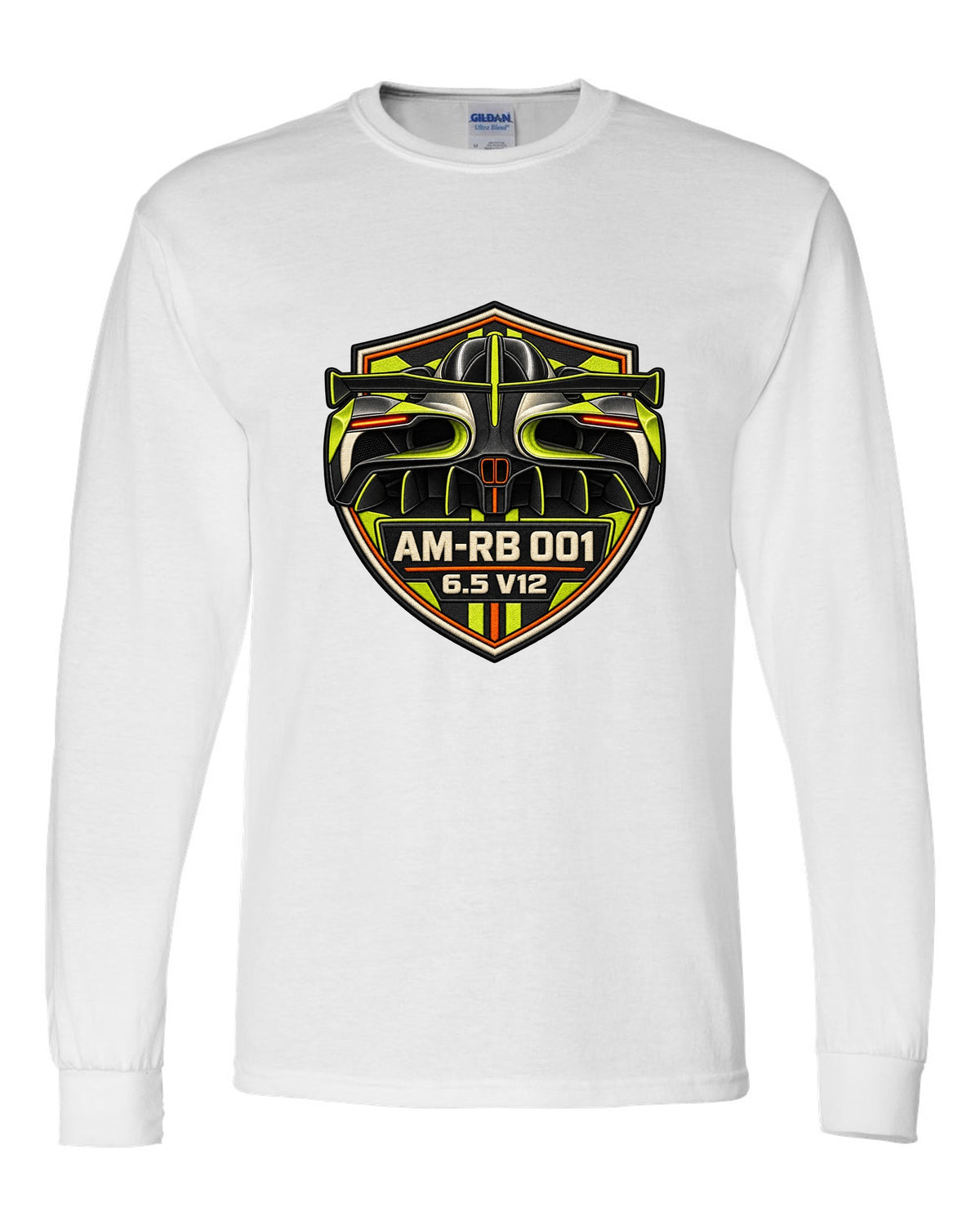 Varsity embroidery-style tunnel print of the 2021 Aston Martin Valkyrie with AM-RB 001 and 6.5 V12 lettering white long sleeve front view with the design