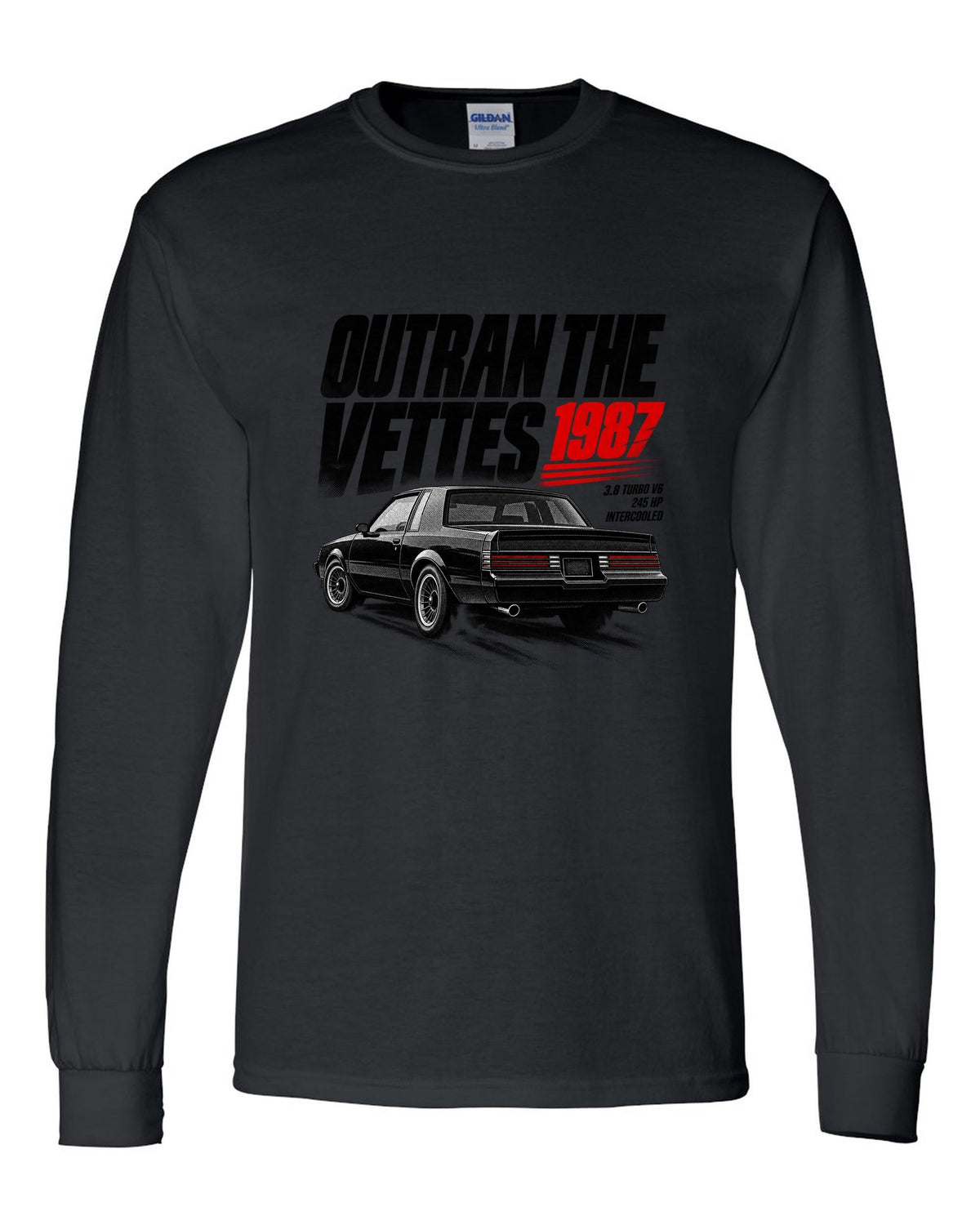 print halftone of a 1987 Buick Regal GN with outran the Vettes lettering black long sleeve front view with the design