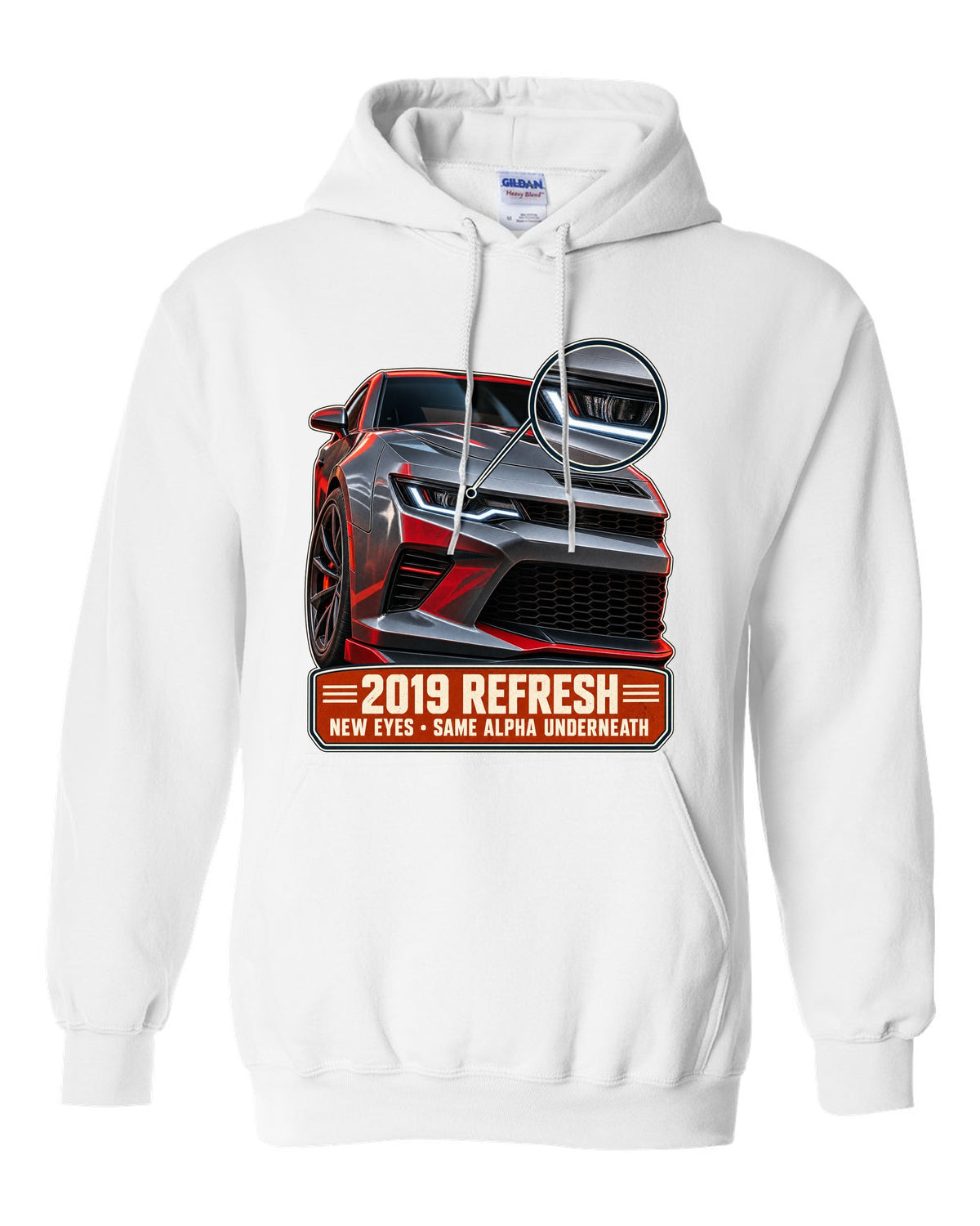 Macro detail print of a 2019 Chevrolet Camaro SS refresh white pull over hoodie front view with the design