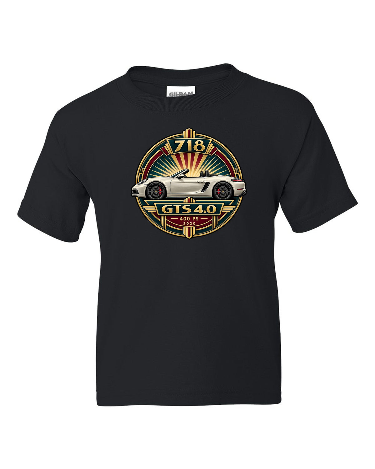 Art deco poster crest design for the Porsche 718 Boxster GTS 4.0 with 400 PS and 2020 lettering black kids tee front view with the design