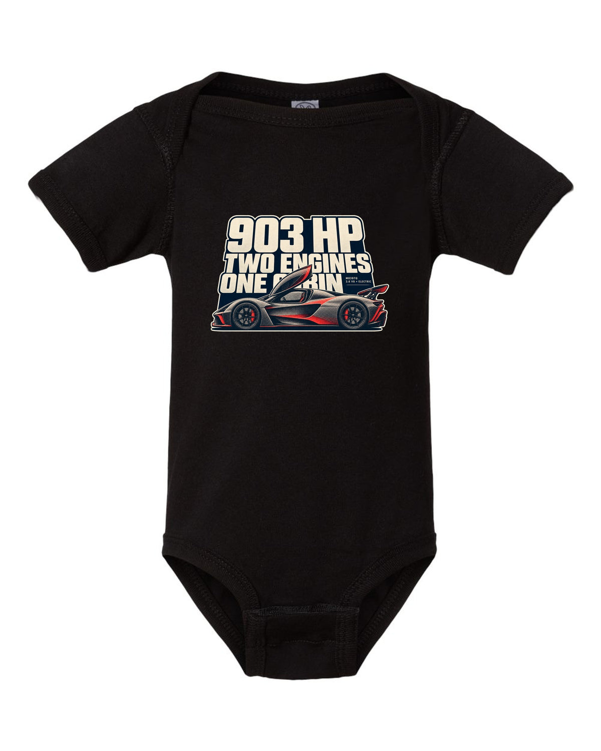 Halftone print of a McLaren P1 in warm grey and red, 903 HP two engines black baby onesie front view with the design