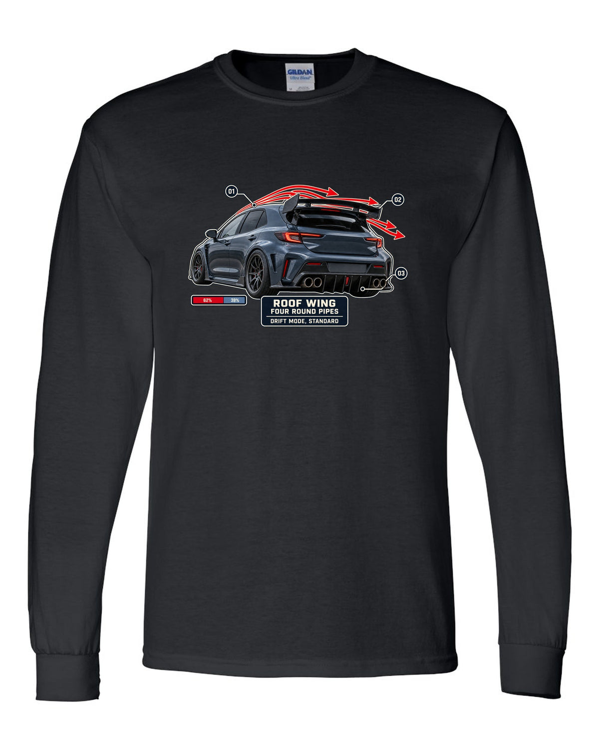 Mercedes-AMG A45 S W177 rear three-quarter with aero callout labels print black long sleeve front view with the design