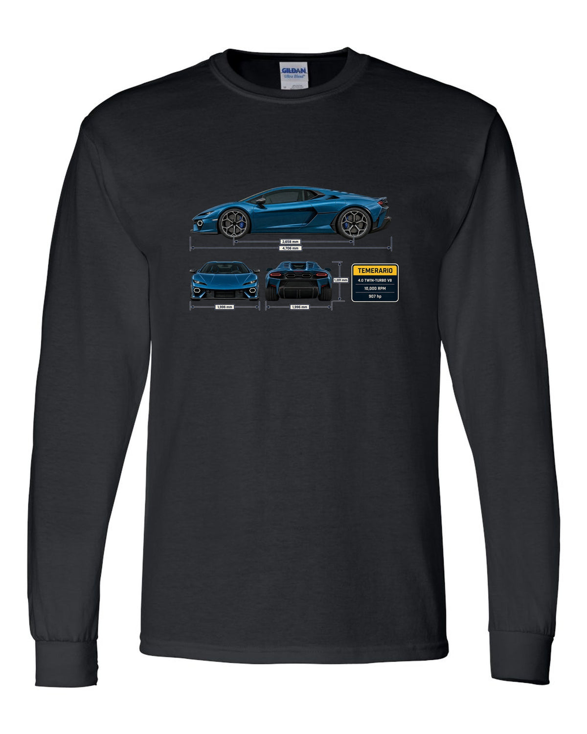 Three-view spec print of the Lamborghini Temerario black long sleeve front view with the design