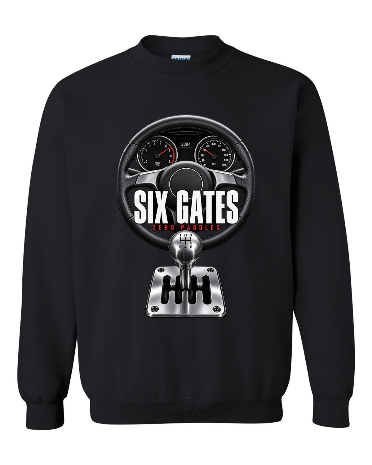 Cockpit print of a Lamborghini Gallardo with gated six-speed shifter and Six Gates text black crewneck front view with the design