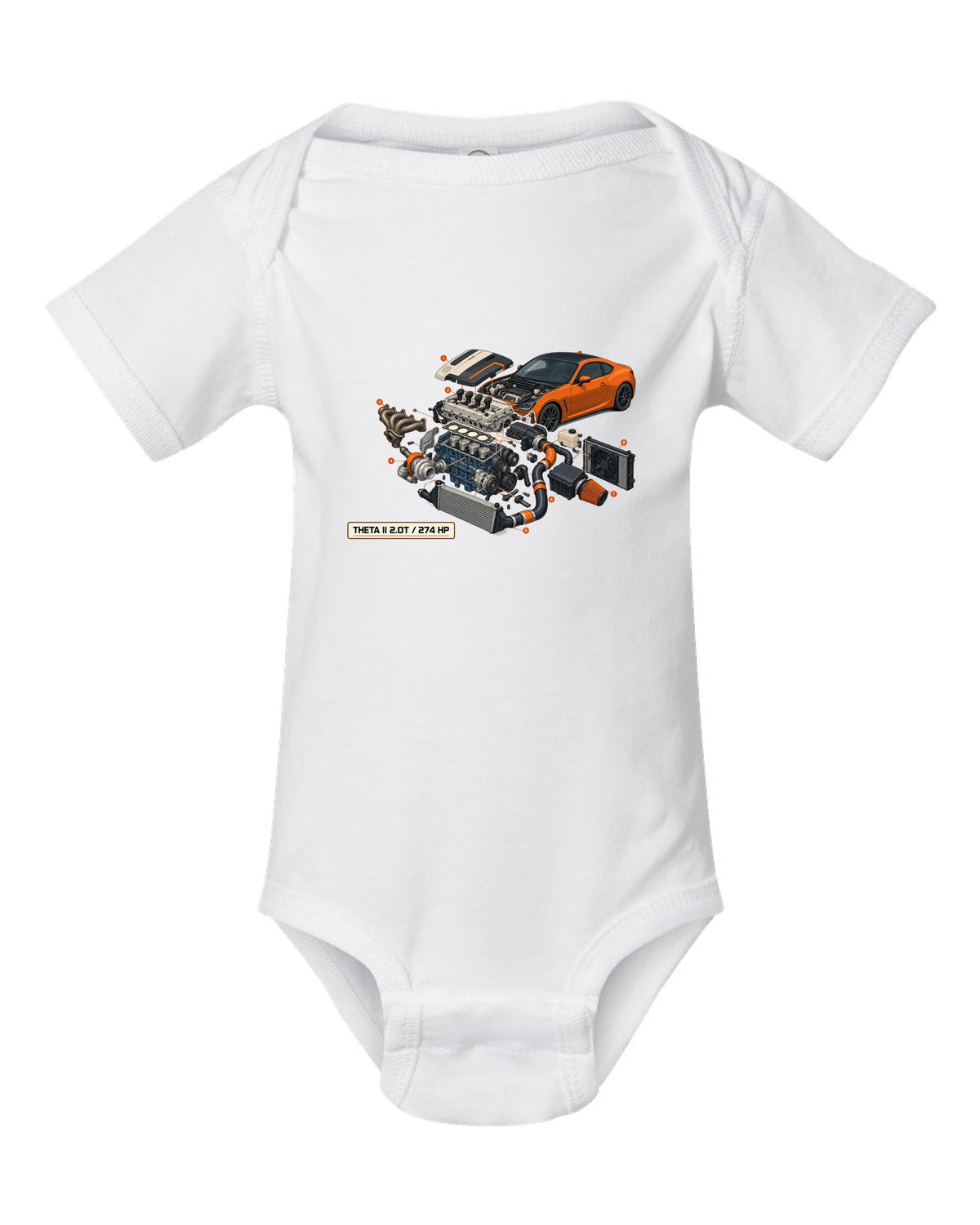 Hyundai Genesis Coupe BK2 isometric exploded cutaway print with Theta II 2.0T and 274 HP white baby onesie front view with the design