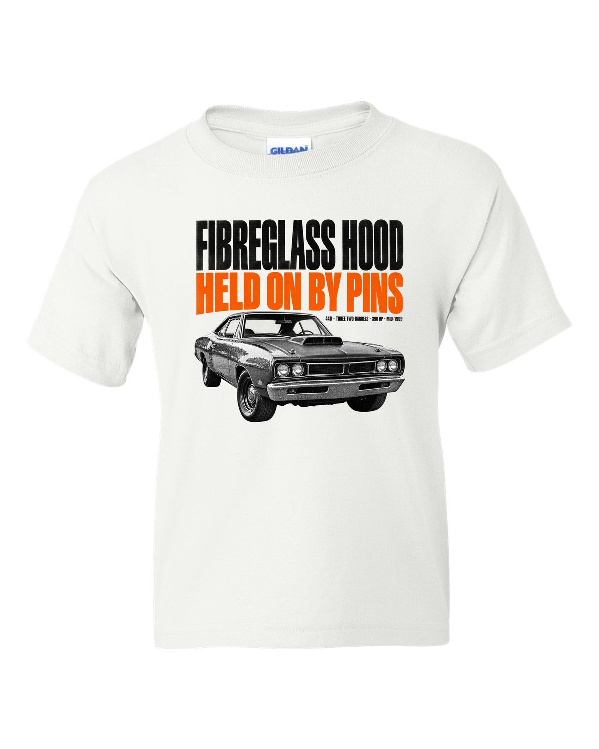1969 Dodge Coronet Super Bee A12 hood halftone print with fibreglass hood and pins lettering white kids tee front view with the design