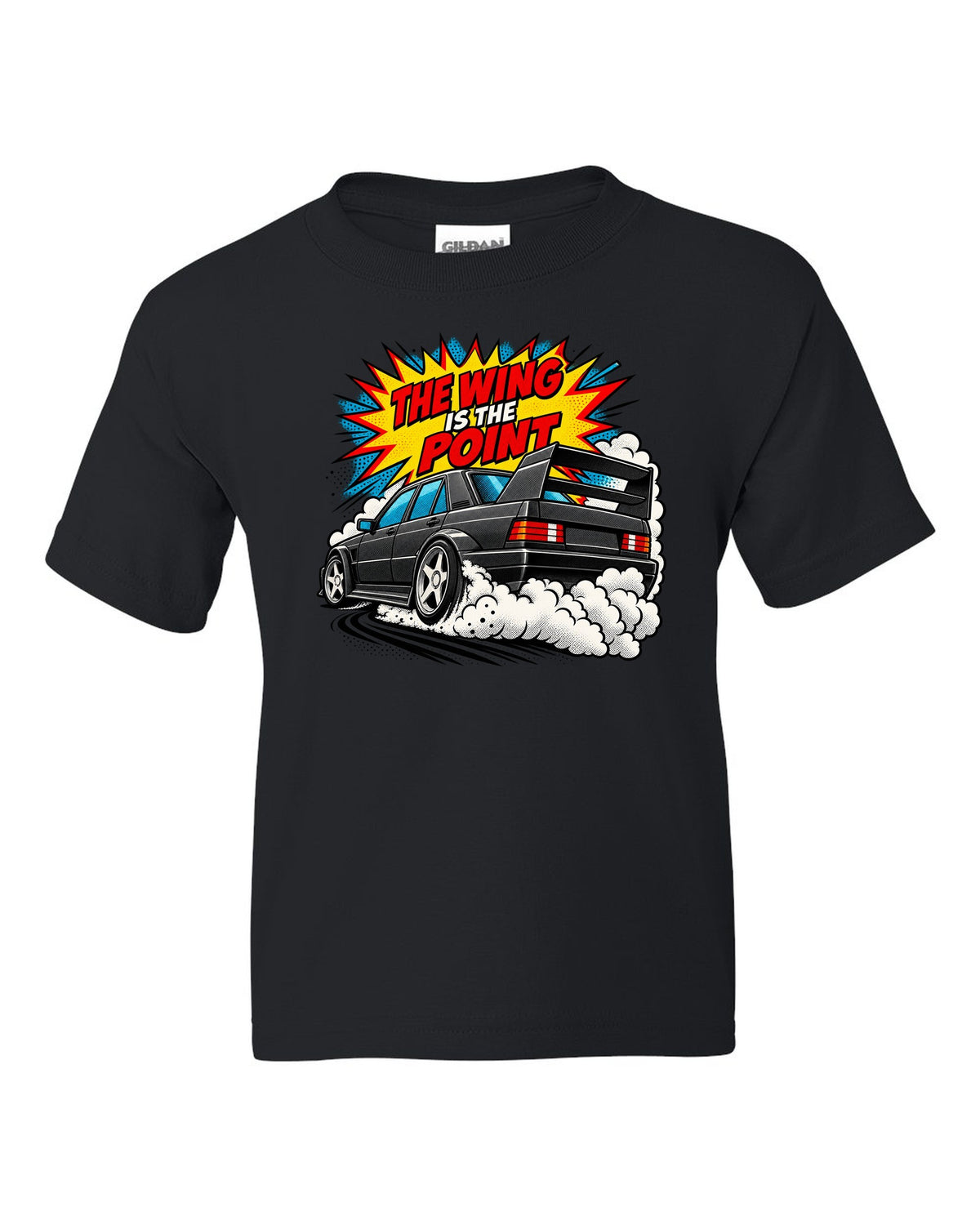 Comic halftone pop-art print of a Mercedes 190E Evo II W201 with rear wing black kids tee front view with the design