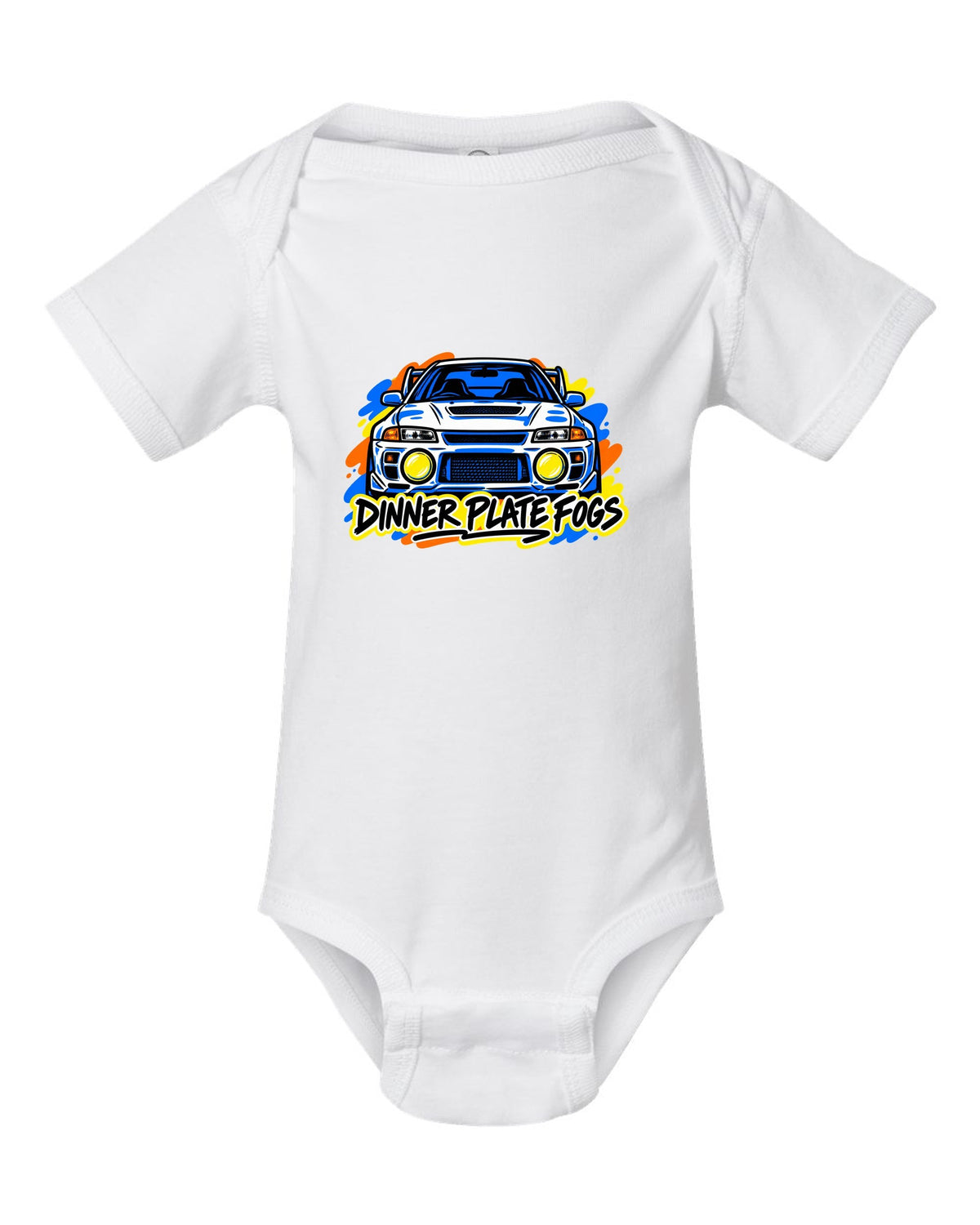 Mitsubishi Lancer Evolution IV CN9A mono-line sketch, DINNER PLATE FOGS white baby onesie front view with the design