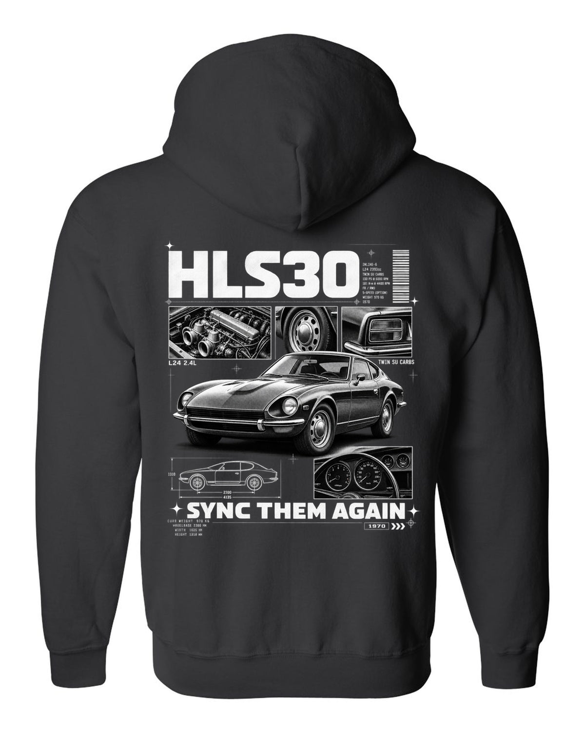 Dossier panel print of a 1970 Datsun 240Z HLS30 with L24 and twin SU carbs text black zip hoodie back view with the design