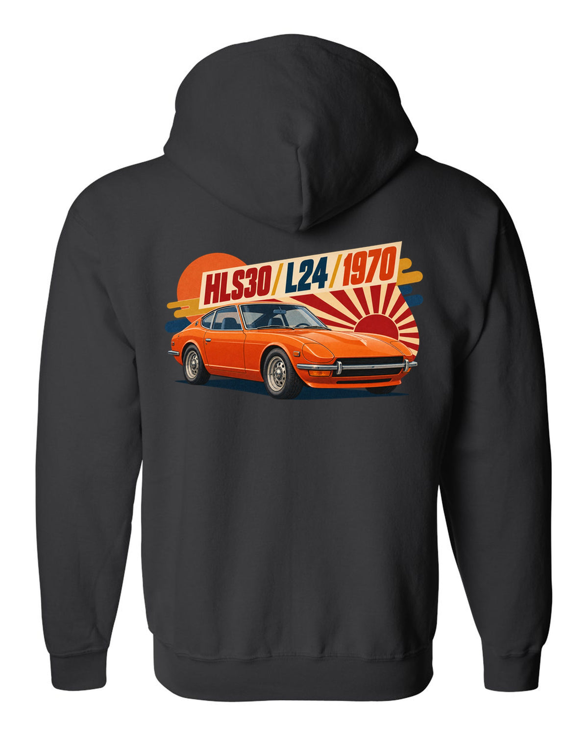 Retro Japanese showa catalogue ad of a 1970 Datsun 240Z HLS30 with L24 lettering black zip hoodie back view with the design