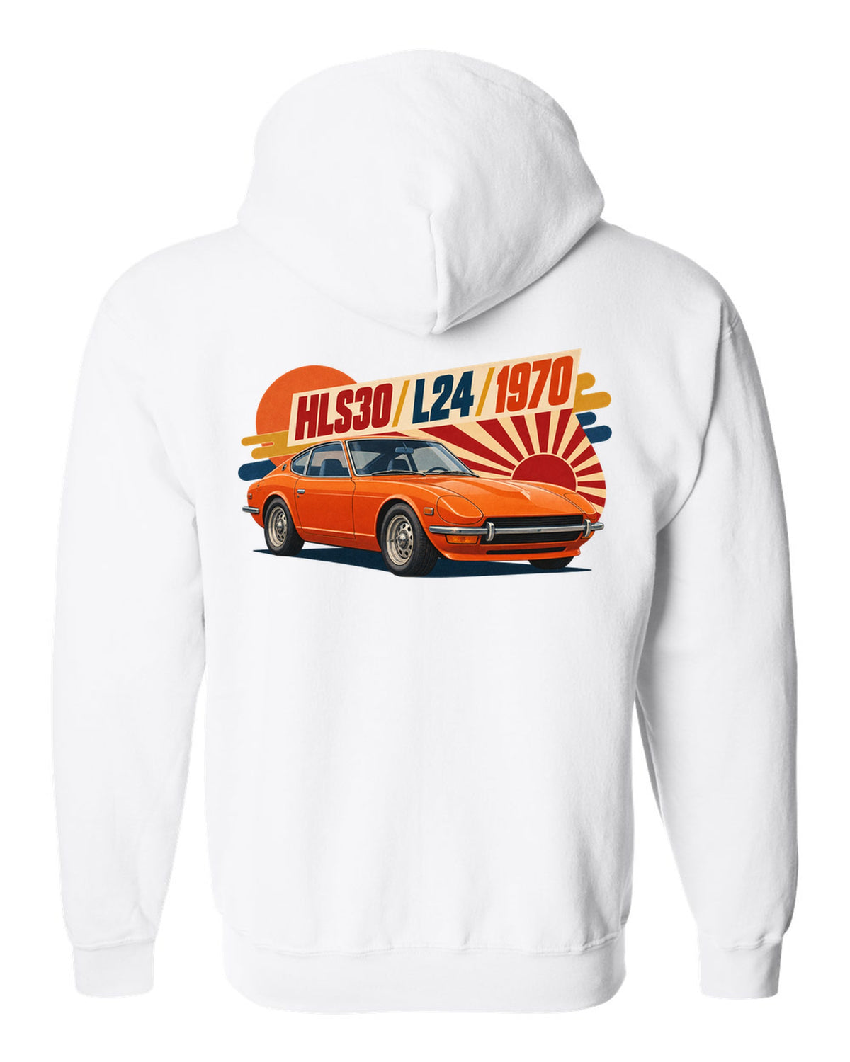 Retro Japanese showa catalogue ad of a 1970 Datsun 240Z HLS30 with L24 lettering white zip hoodie back view with the design