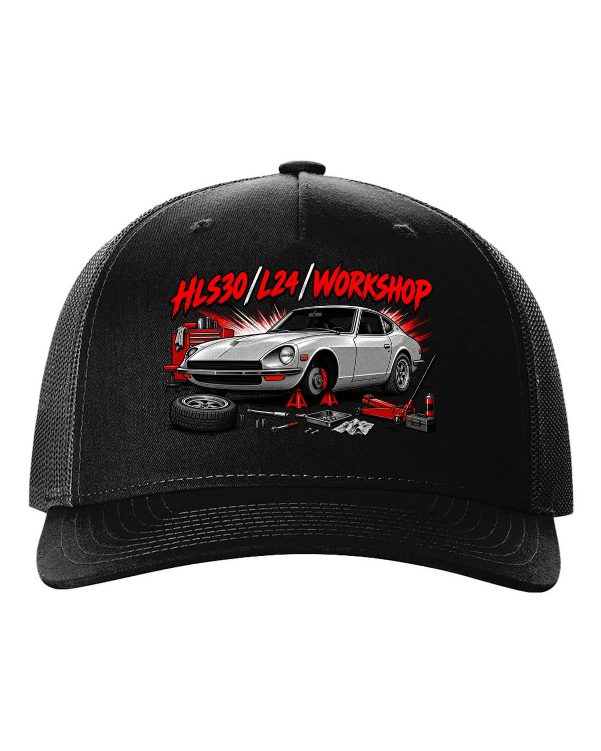 Retro manga halftone panel print of the Datsun 240Z HLS30 with L24 workshop lettering black hat front view with the design