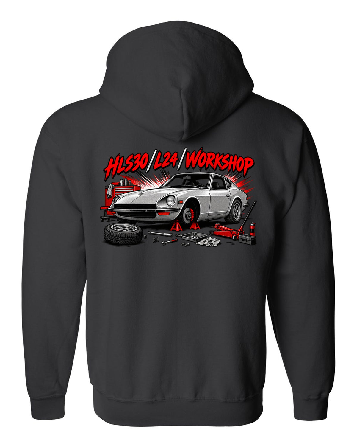 Retro manga halftone panel print of the Datsun 240Z HLS30 with L24 workshop lettering black zip hoodie back view with the design
