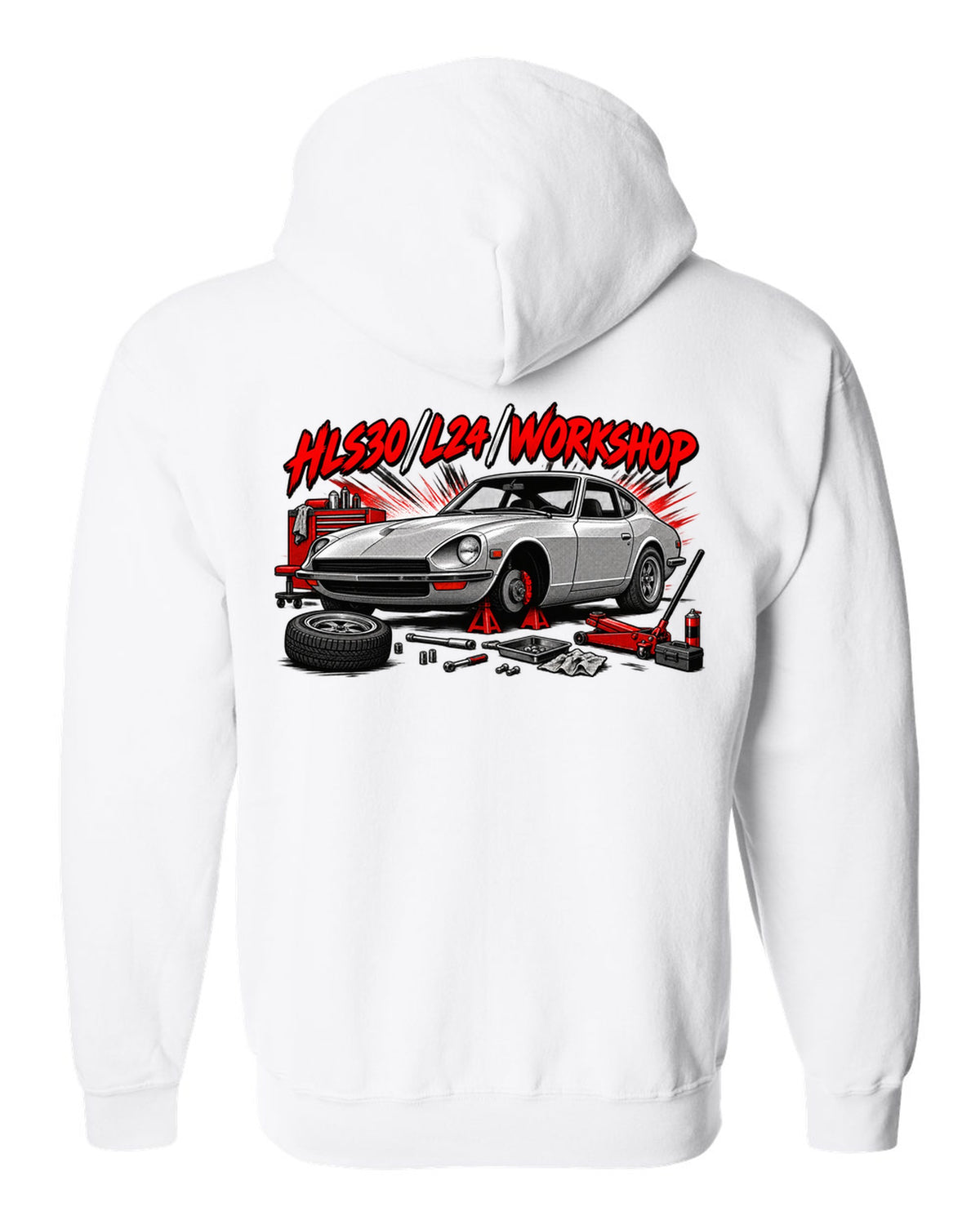 Retro manga halftone panel print of the Datsun 240Z HLS30 with L24 workshop lettering white zip hoodie back view with the design