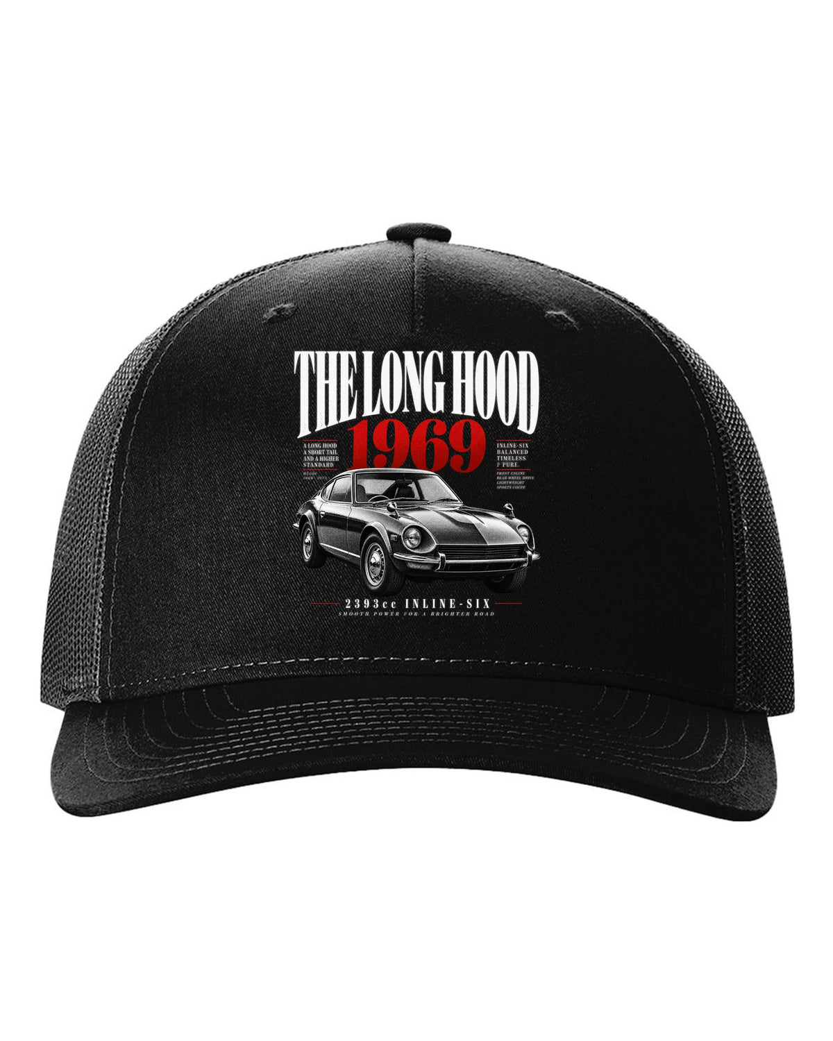 print of a Datsun 240Z HLS30 with editorial headline about the long hood and 2393cc inline-six black hat front view with the design