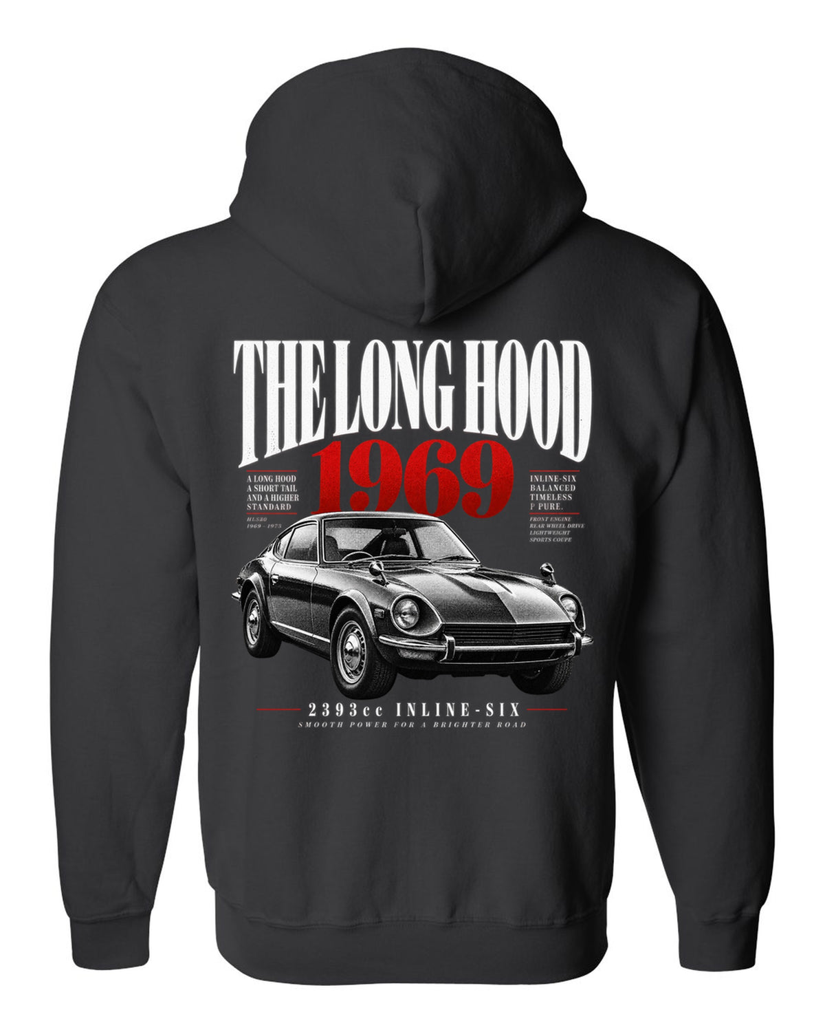 print of a Datsun 240Z HLS30 with editorial headline about the long hood and 2393cc inline-six black zip hoodie back view with the design