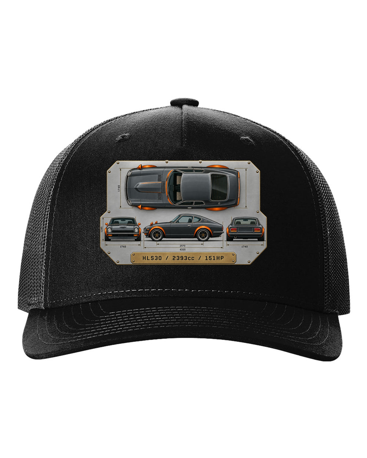 Top-down spec plate print of a Datsun 240Z HLS30 with 2393cc and 151HP black hat front view with the design