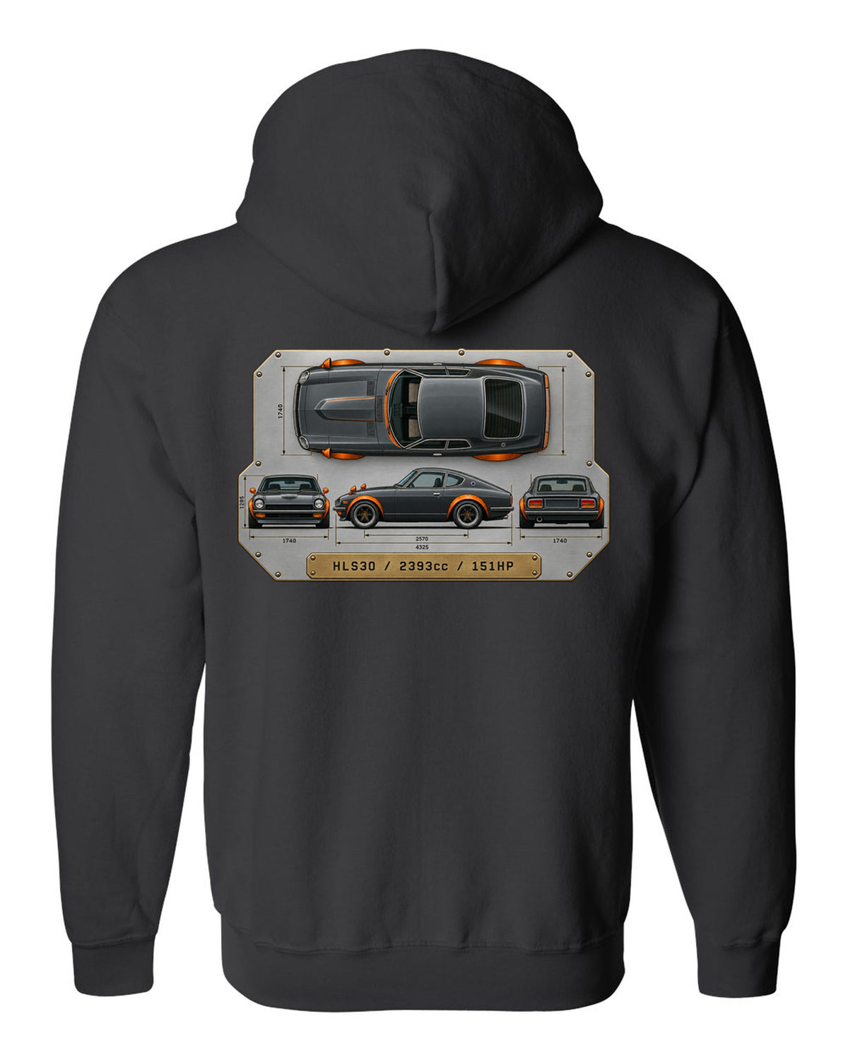 Top-down spec plate print of a Datsun 240Z HLS30 with 2393cc and 151HP black zip hoodie back view with the design
