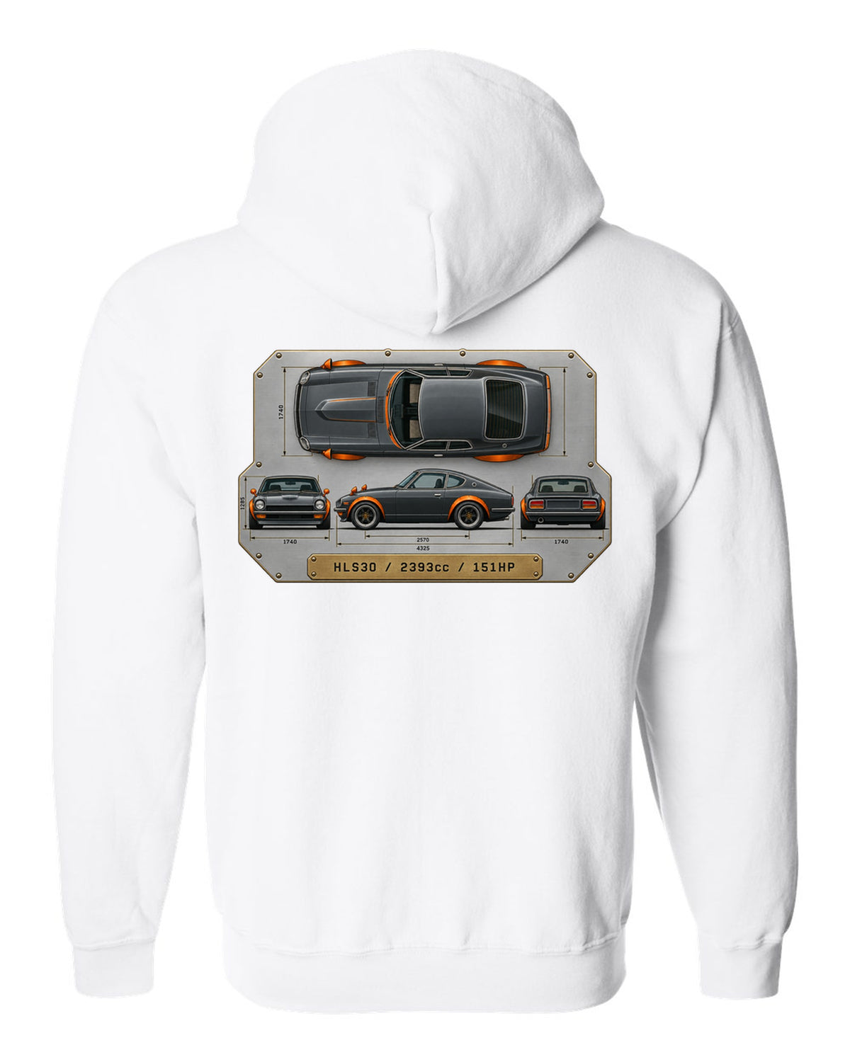 Top-down spec plate print of a Datsun 240Z HLS30 with 2393cc and 151HP white zip hoodie back view with the design