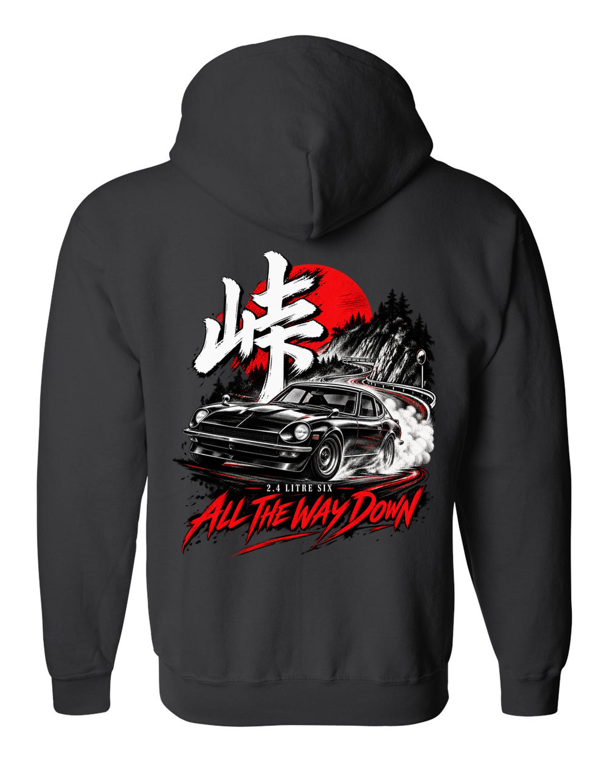 print of a 1971 Datsun 240Z HLS30 sliding downhill at night with touge kanji black zip hoodie back view with the design