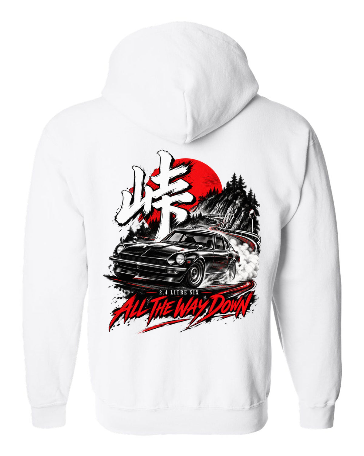 print of a 1971 Datsun 240Z HLS30 sliding downhill at night with touge kanji white zip hoodie back view with the design