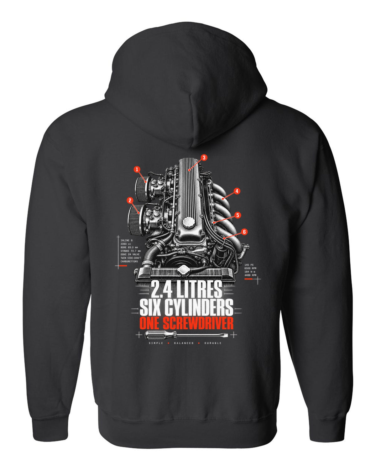 print of a Datsun 240Z L24 engine bay with six cylinders and screwdriver lettering black zip hoodie back view with the design