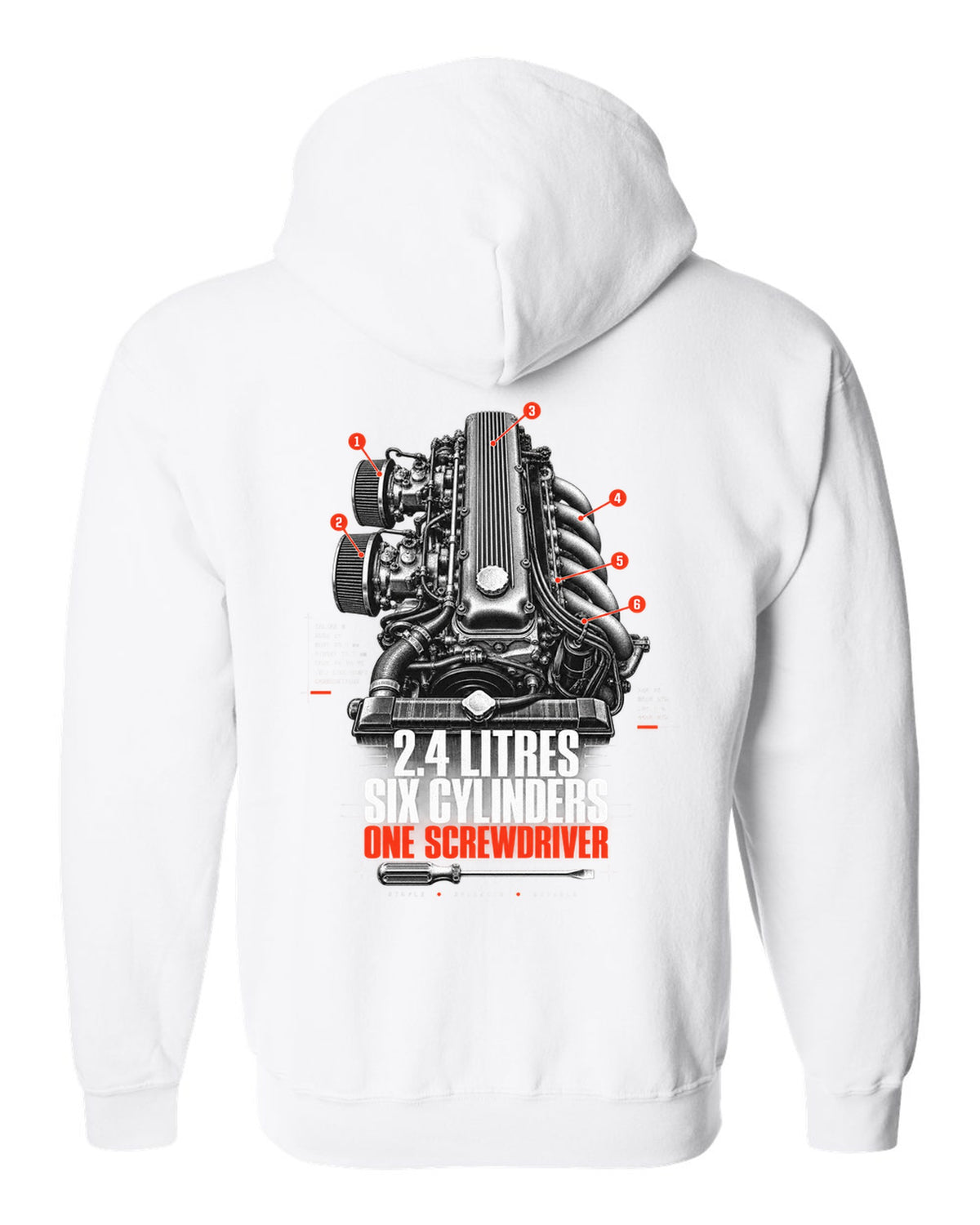 print of a Datsun 240Z L24 engine bay with six cylinders and screwdriver lettering white zip hoodie back view with the design