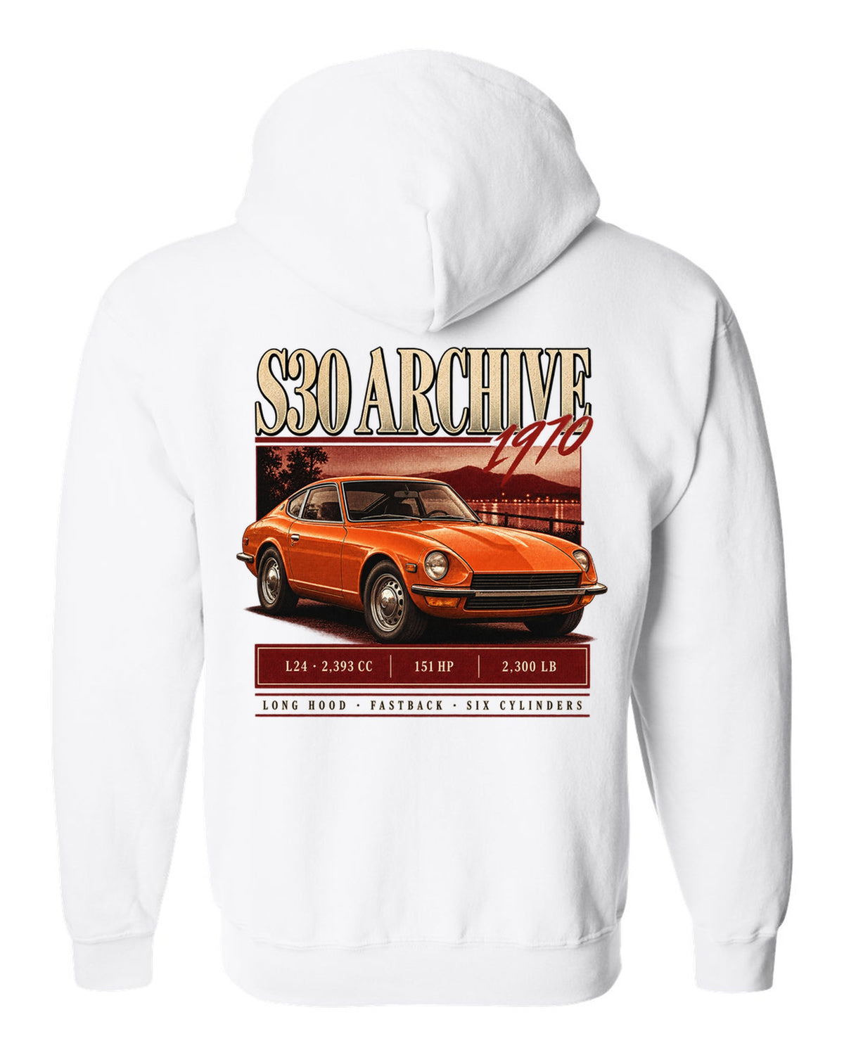 Archive panel print of a 1970 Datsun 240Z S30 with L24 engine figures white zip hoodie back view with the design