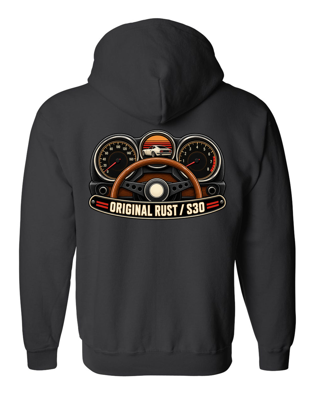 Analog gauge cluster print for the Datsun 240Z S30 reading Original Rust black zip hoodie back view with the design
