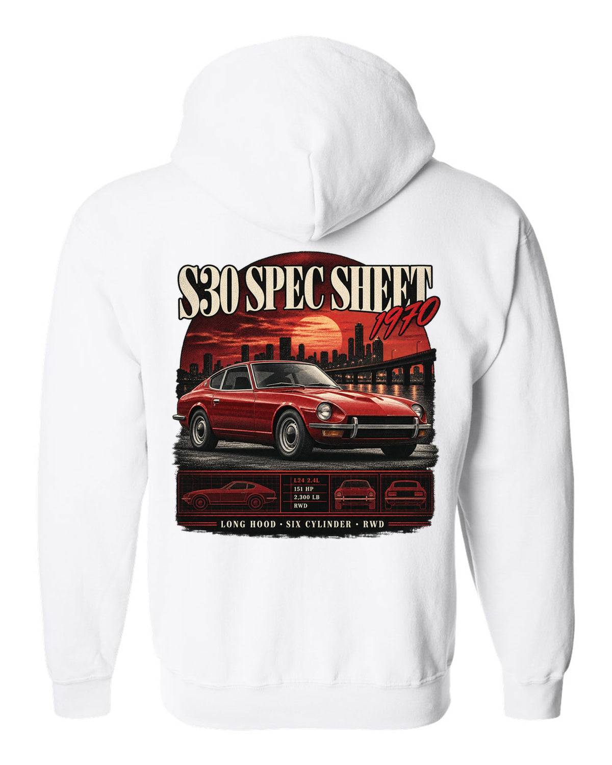 Archive panel spec sheet print of a Datsun 240Z S30 with L24 2.4L 151 HP text white zip hoodie back view with the design