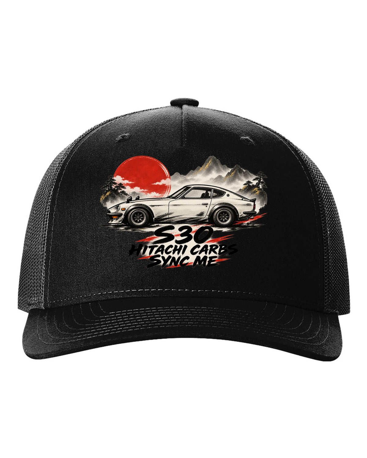 Sumi-e ink wash profile of a 1972 Datsun 240Z S30 with red accents black hat front view with the design